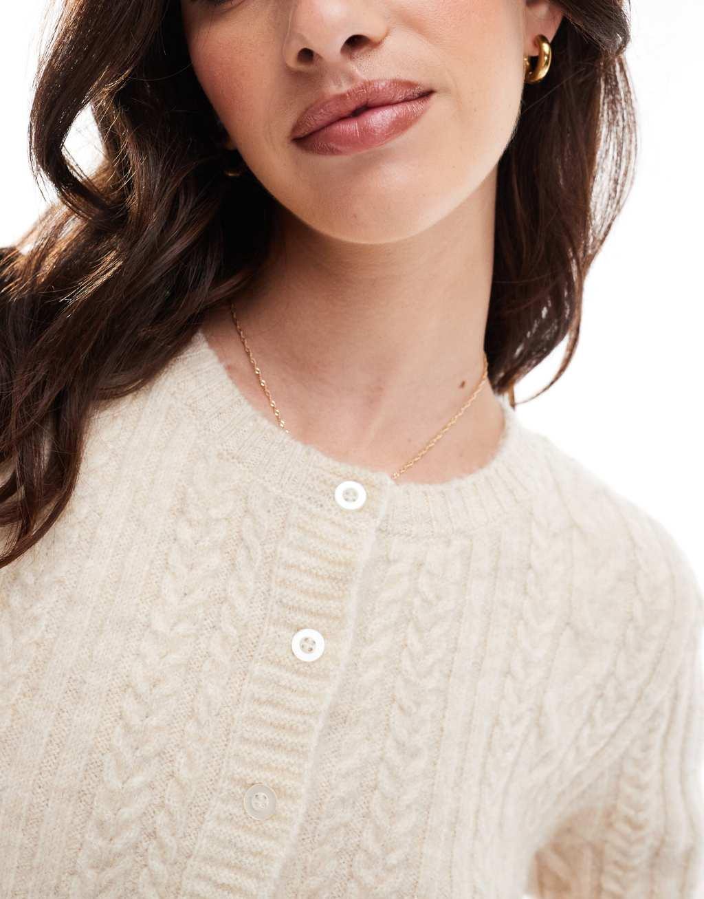 ASOS DESIGN fluffy cable knit cardigan in ecru Product Image