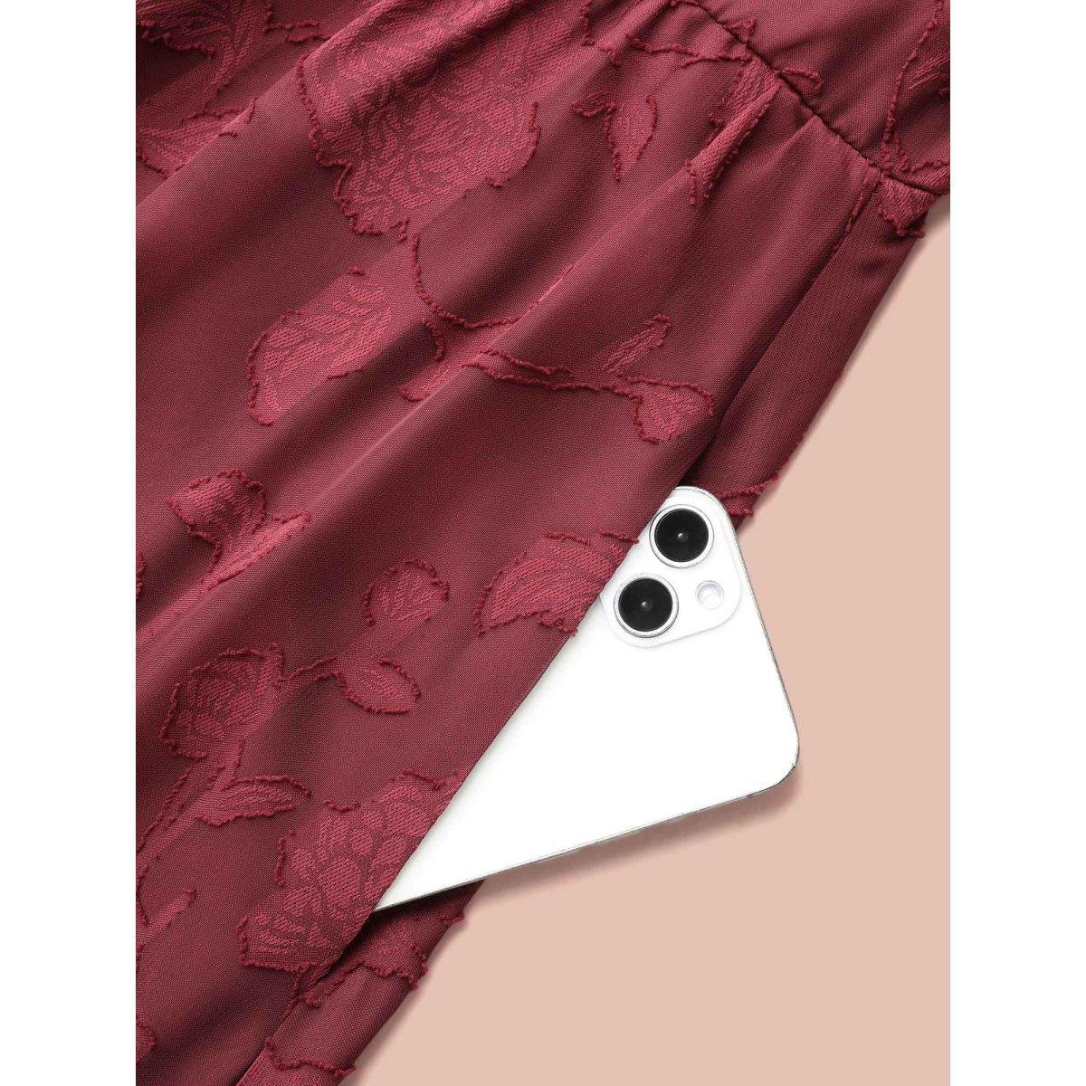 Plus Size Floral Frill Trim Stretchy-Waist Sheer Midi Dress Burgundy Women Elegant Texture Square Neck Elbow-length sleeve Curvy BloomChic 18-20/2X Product Image
