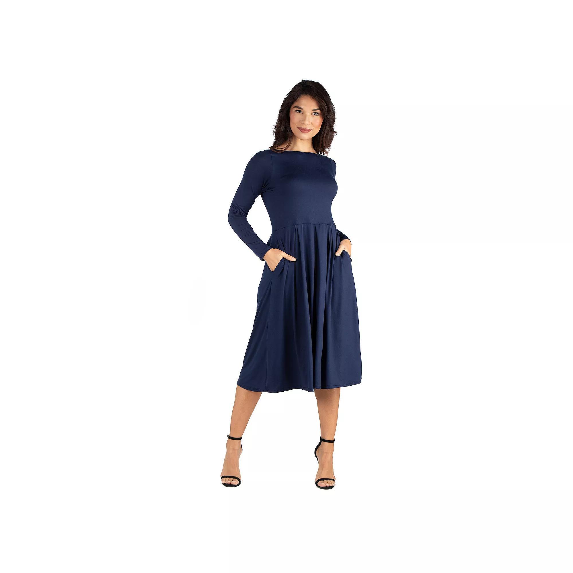 Women's 24Seven Comfort Apparel Long Sleeve Fit & Flare Dress with Pockets, Size: XL, Dark Blue Product Image