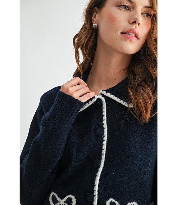 All in Favor Collared Bow Print Long Sleeve Cardigan Product Image