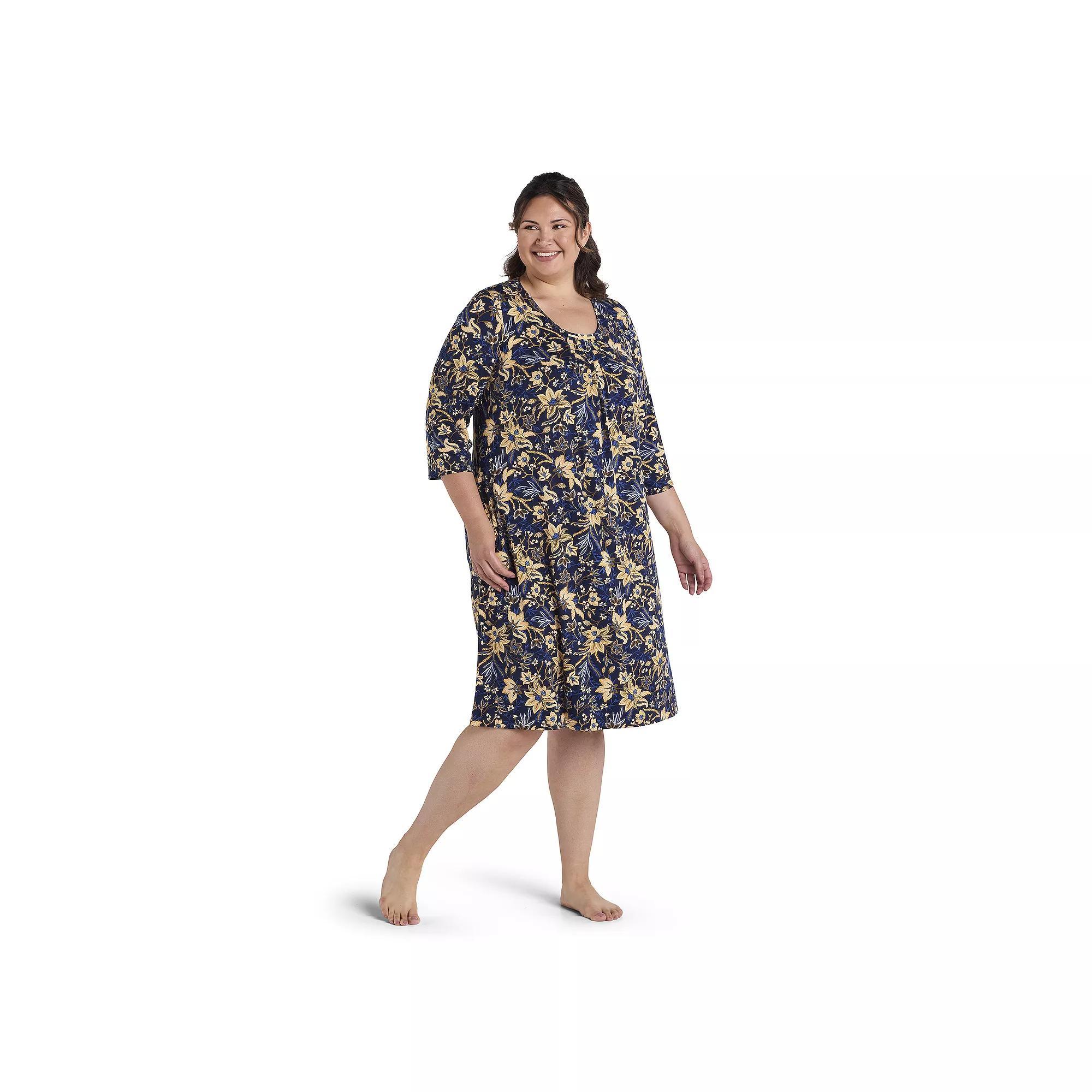 Plus Size Miss Elaine Essentials 3/4 Sleeve Micro Velvet Long Gown, Women's, Size: 2XL, Navy Gold Floral Product Image