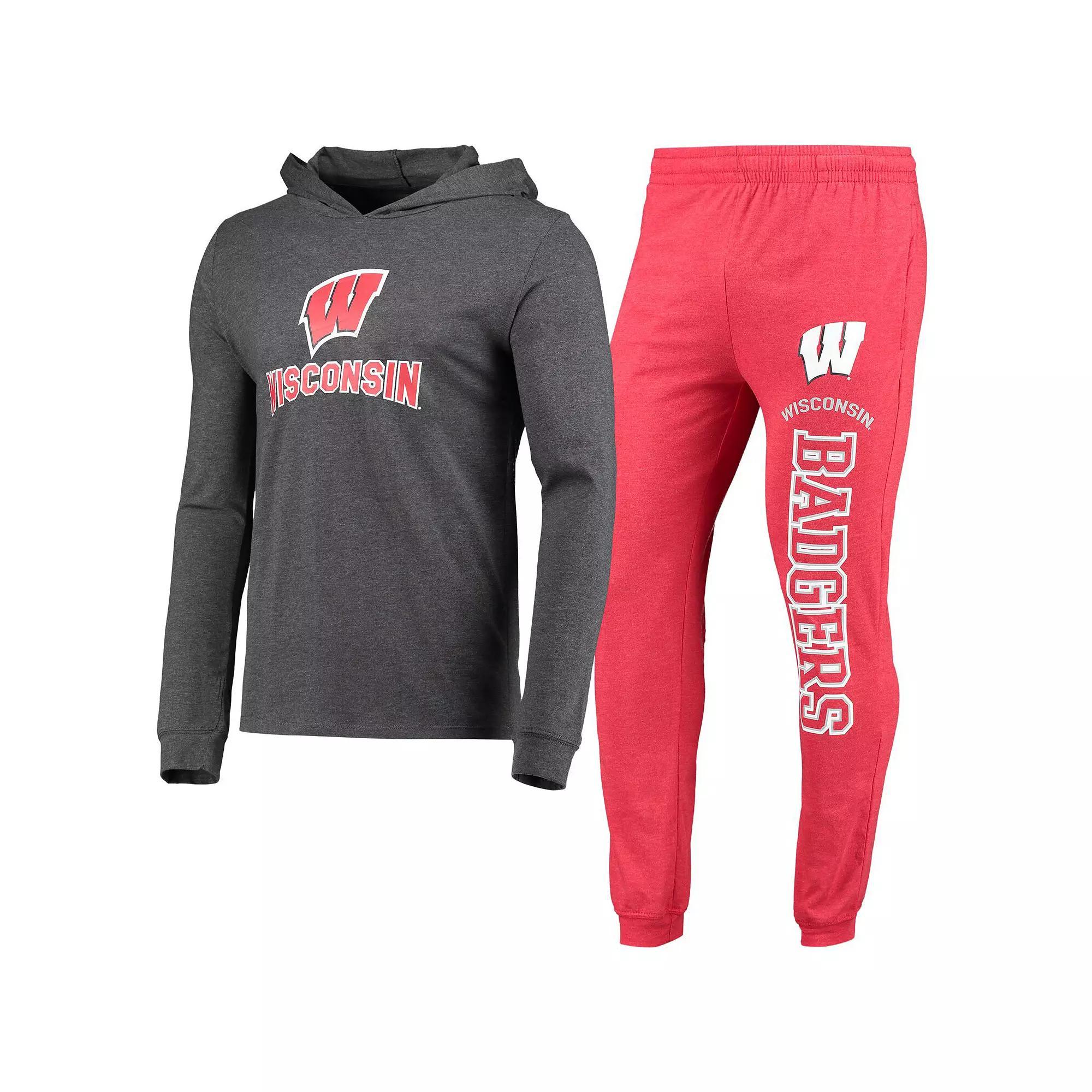 Men's Concepts Sport Heathered Red/Heathered Charcoal Wisconsin Badgers Meter Long Sleeve Hoodie T-Shirt & Jogger Pants Set, Size: 3XL Product Image