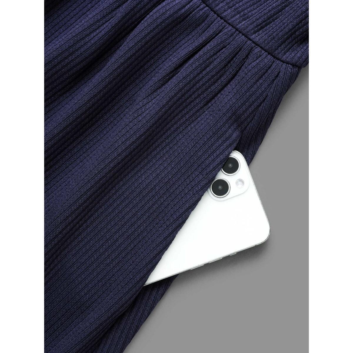 Plus Size Solid Overlap Collar Belted Knit Dress DarkBlue Women Casual Texture Knit Dresses Bloomchic 10/M Product Image