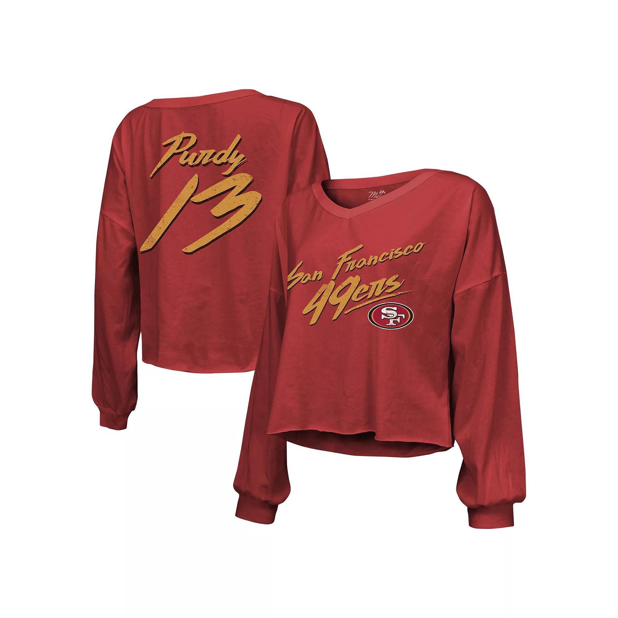Women's Majestic Threads Brock Purdy Scarlet San Francisco 49ers Name & Number Script Off-Shoulder Cropped Long Sleeve T-Shirt, Size: 2XL, Red Product Image