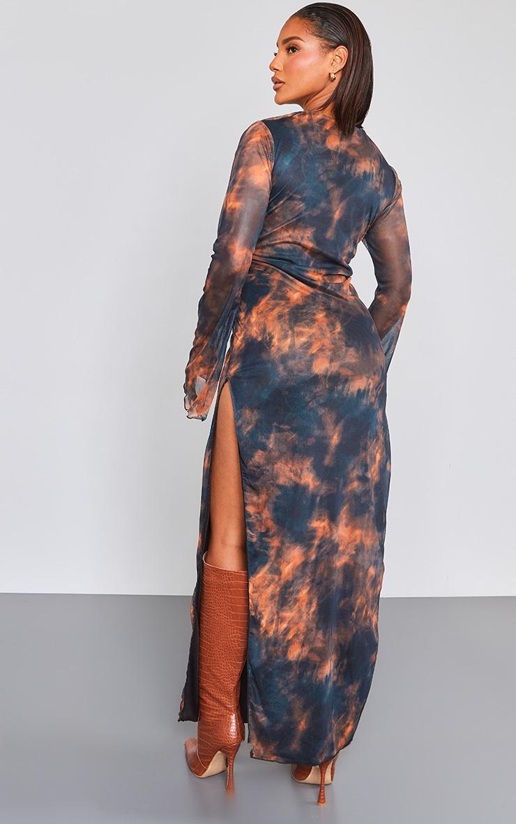 Black Abstract Print Mesh Flared Sleeve Midaxi Dress Product Image