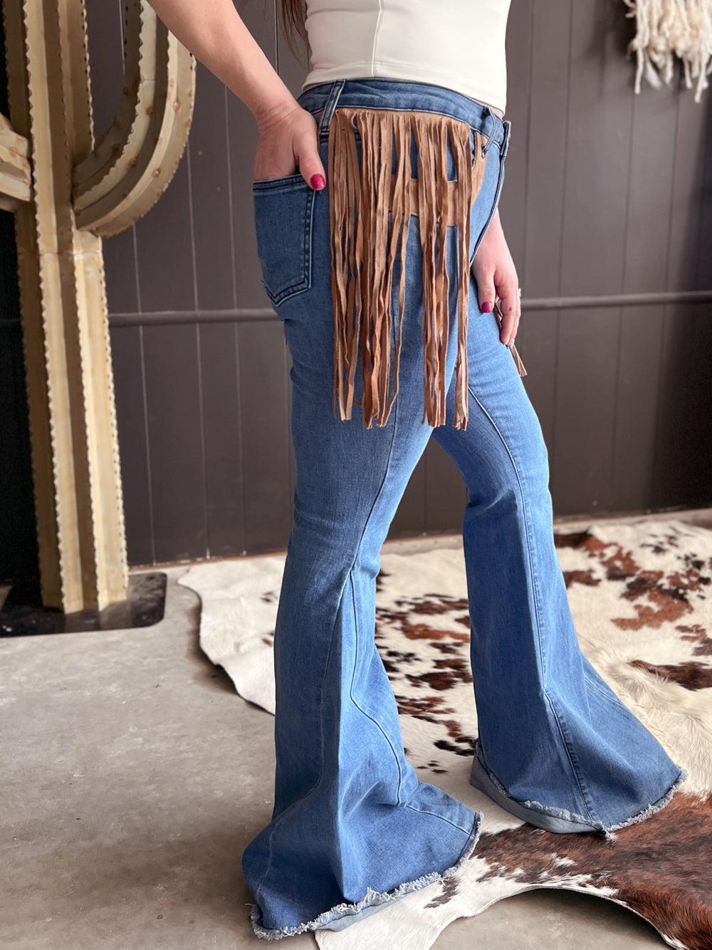 Bell Bottom Denim With Suede Fringe Product Image