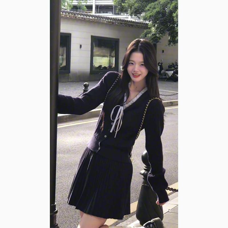 V-Neck Bow Panel Cardigan / High Rise Plain Accordion Pleated Mini A-Line Skirt Product Image