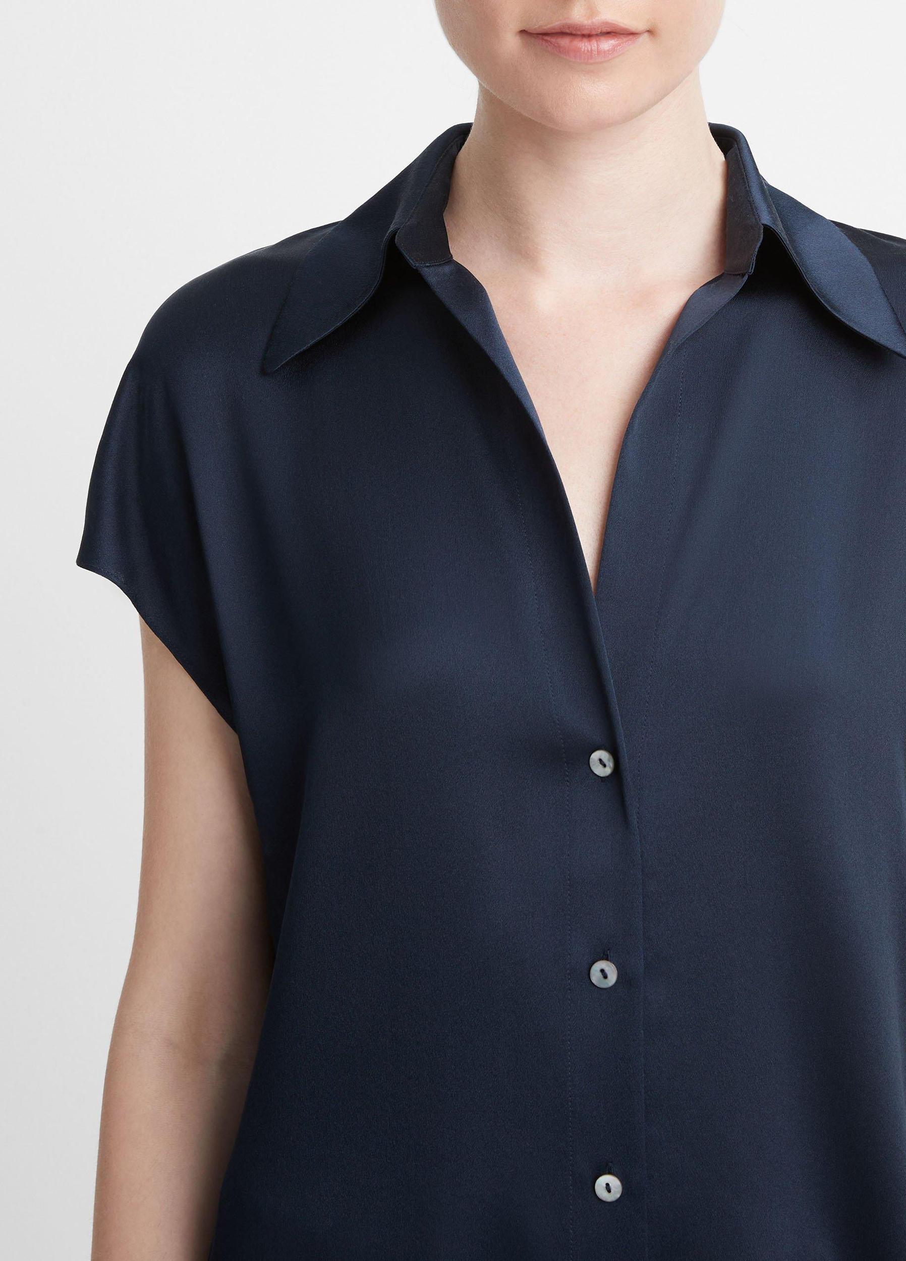Womens Silk Cap-Sleeve Ruched-Back Blouse, Black, Size L Vince Product Image