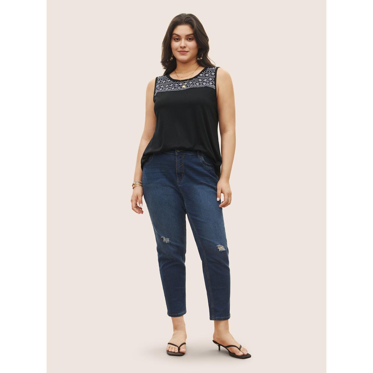 Plus Size Bandana Geometric Embroidered Tank Top Women Black Resort Embroidered Round Neck Vacation Tank Tops Camis BloomChic 12/L Product Image