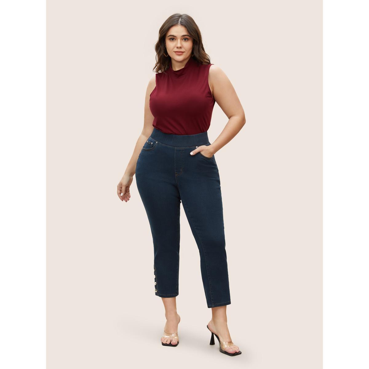 Plus Size Black Wash Button Detail Elastic Wais Slim Jeans Women Denimindigo Elegant Plain Non High stretch Pocket Jeans BloomChic 16/1X Product Image