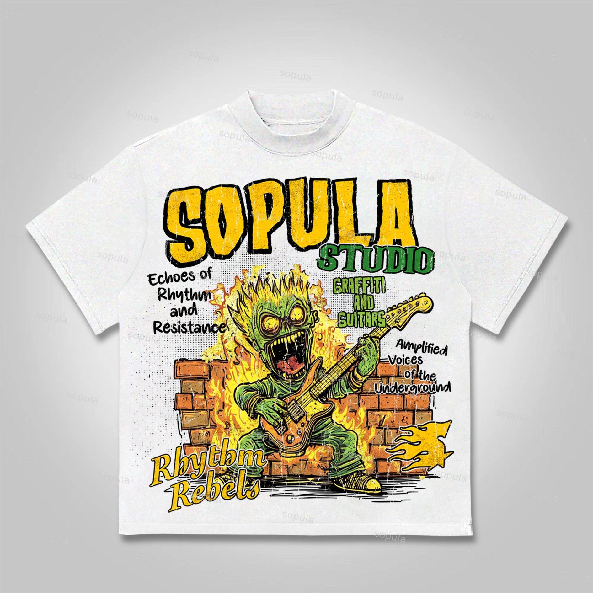 Sopula Street Graffiti Flame Guitar Graphic Cotton T-shirt Product Image