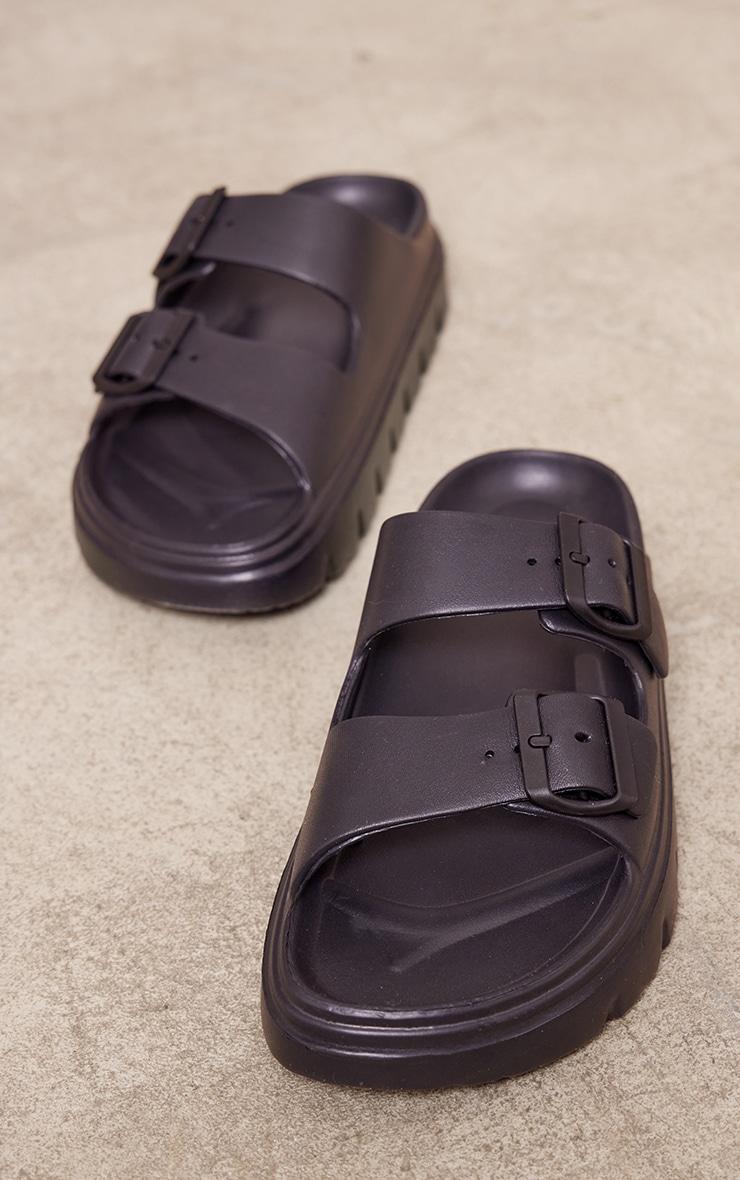 Black Round Toe Chunky Sole Buckle Detail Sandals Product Image