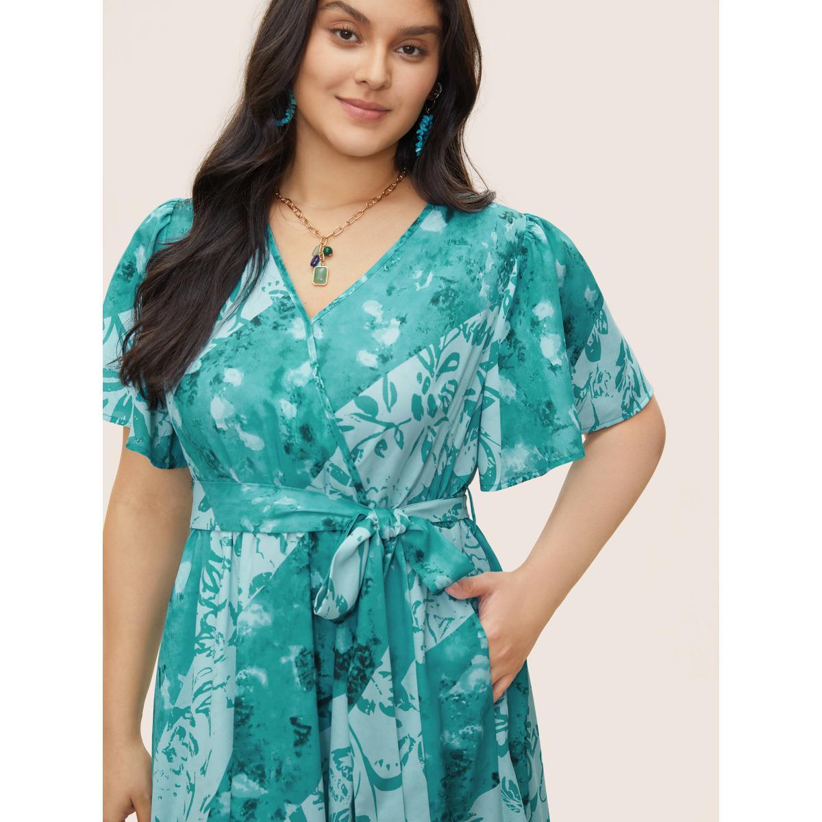 Plus Size Graphic Elastic Waist Belted Wrap Dress Turquoise Women Resort Non Overlap Collar Short sleeve Curvy Midi Dress BloomChic 22-24/3X Product Image
