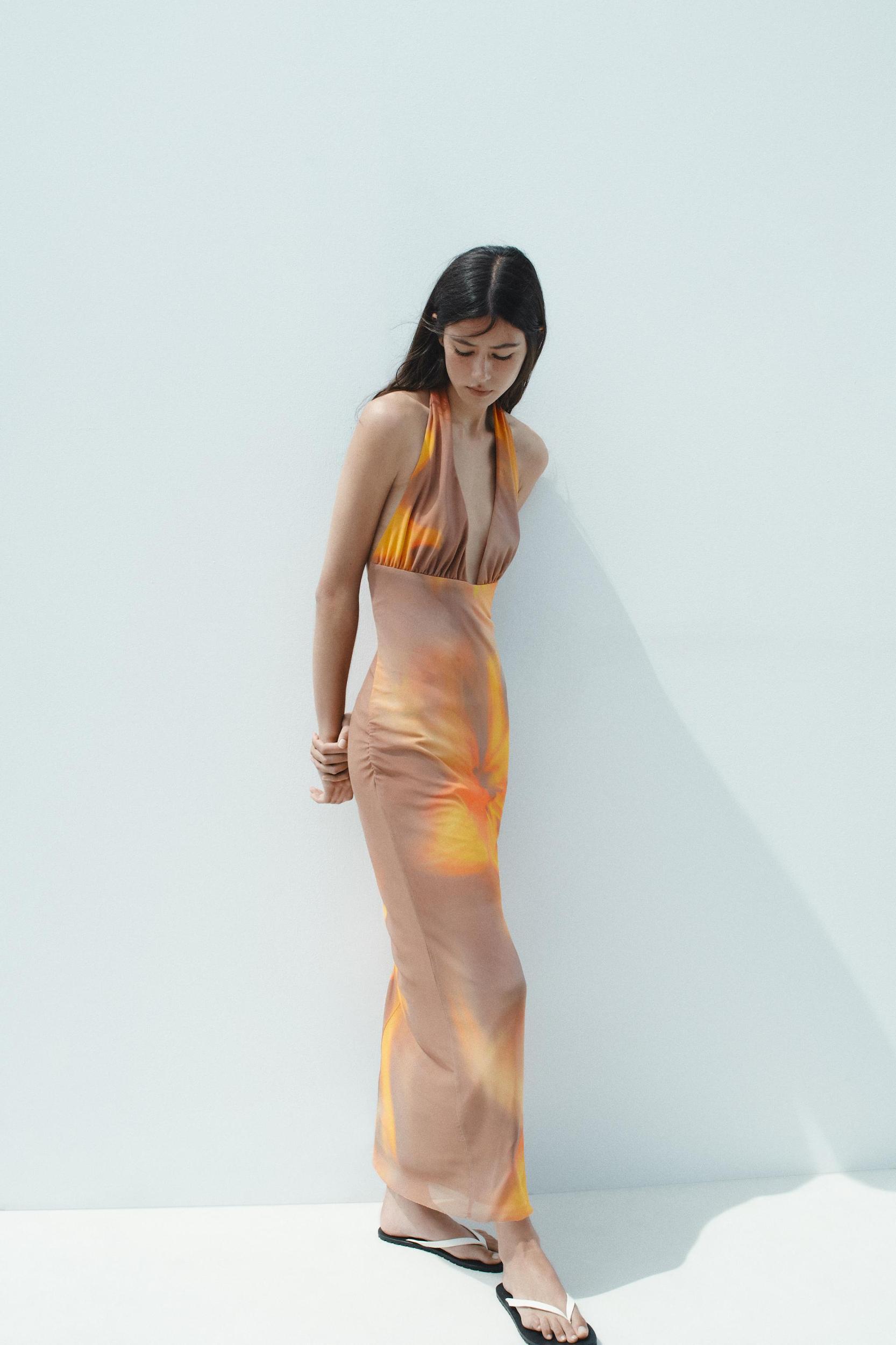 PRINTED TULLE MIDI HALTER DRESS Product Image