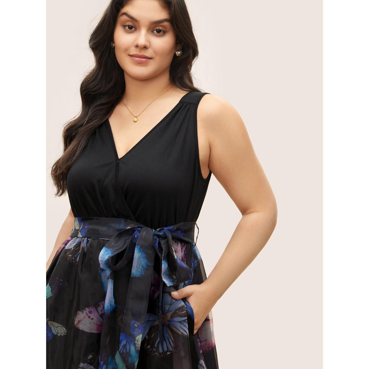 Plus Size Butterfly Mesh Patchwork Wrap Belted Dress Black Women Cocktail Non Overlap Collar Sleeveless Curvy BloomChic 18-20/2X Product Image
