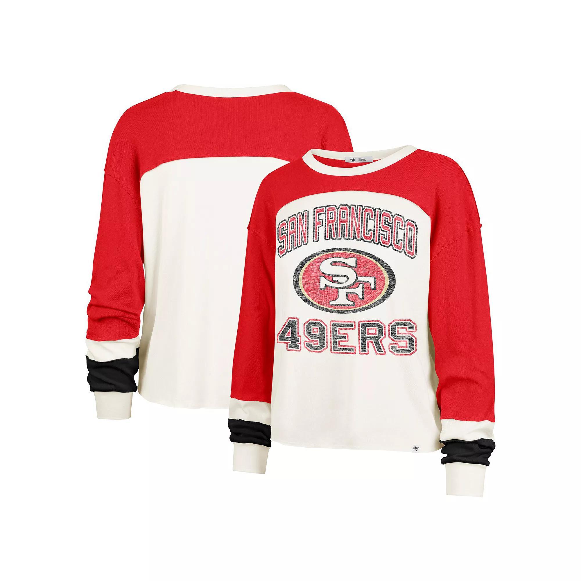 Women's '47 Cream San Francisco 49ers Double Header Curve Raglan Long Sleeve Crop Top, Size: Large, Beige Product Image