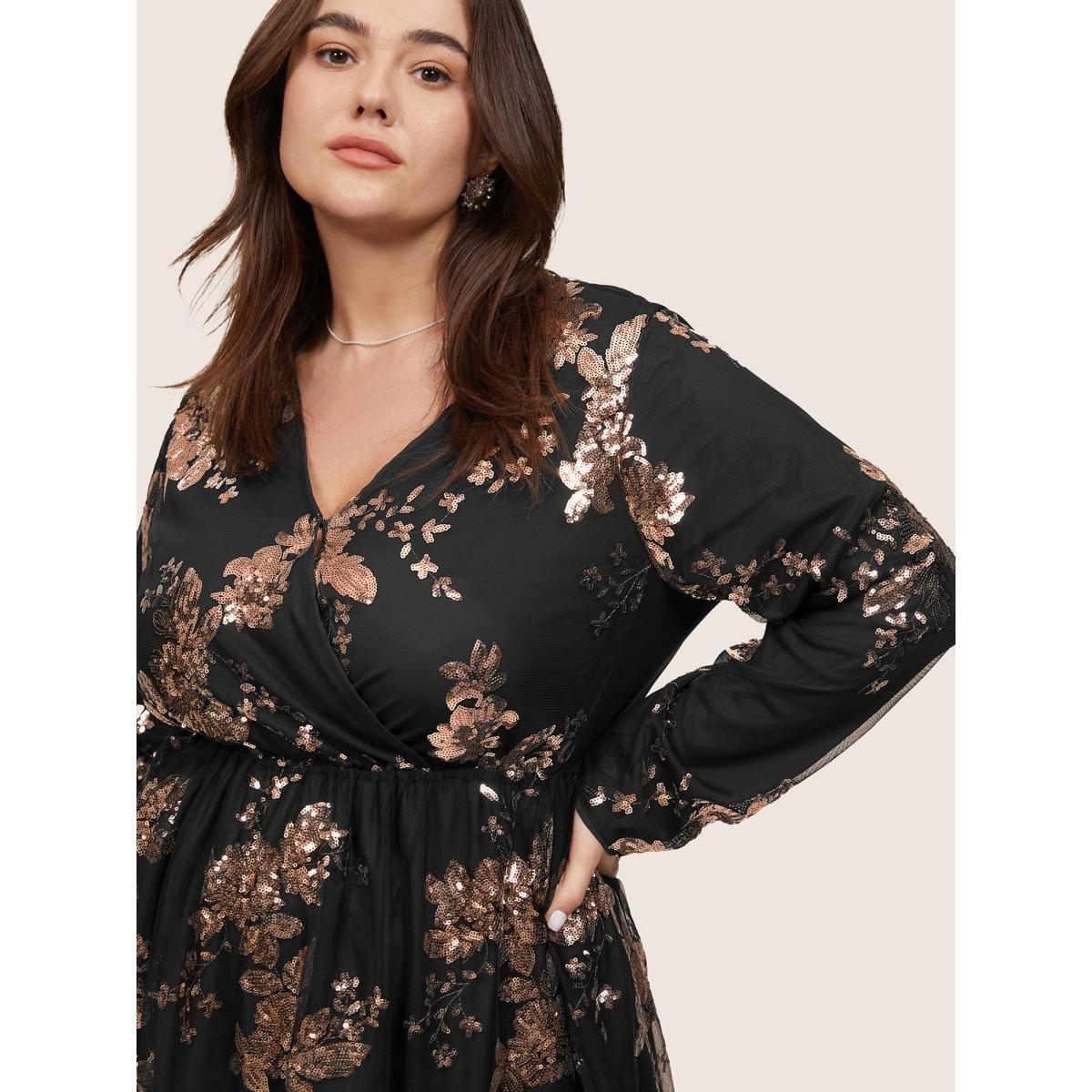 Plus Size Floral Sequin Elastic Waist Mesh Wrap Dress Black Women Party Sequin Overlap Collar Long Sleeve Curvy Midi Dress BloomChic 30/6X Product Image