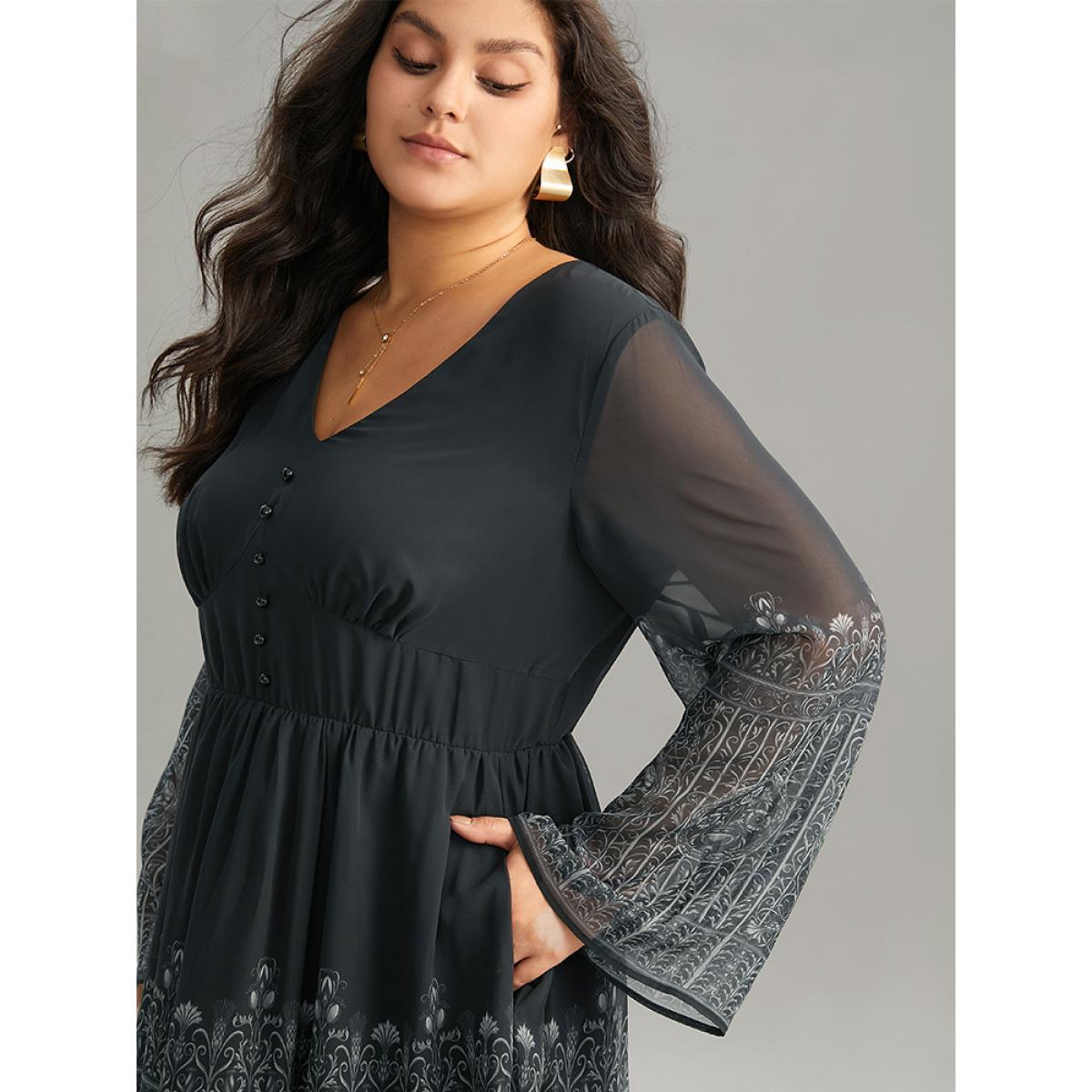 Plus Size Boho Print Button Detail Bell Sleeve Dress BlackFlower Women Office Printed V-neck Long Sleeve Curvy Midi Dress BloomChic 14-16/1X Product Image
