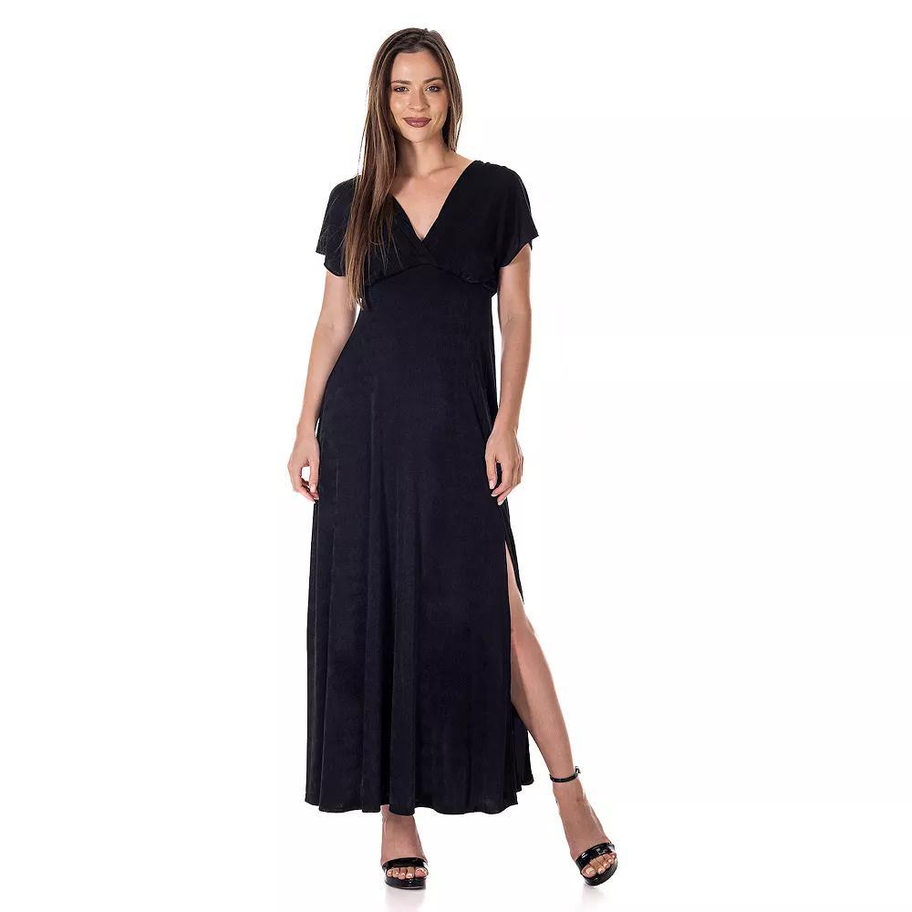 Women's 24Seven Comfort Apparel Flutter Sleeve Metallic Knit Maxi Dress Front Slit Empire Waist, Size: XL, Black Product Image