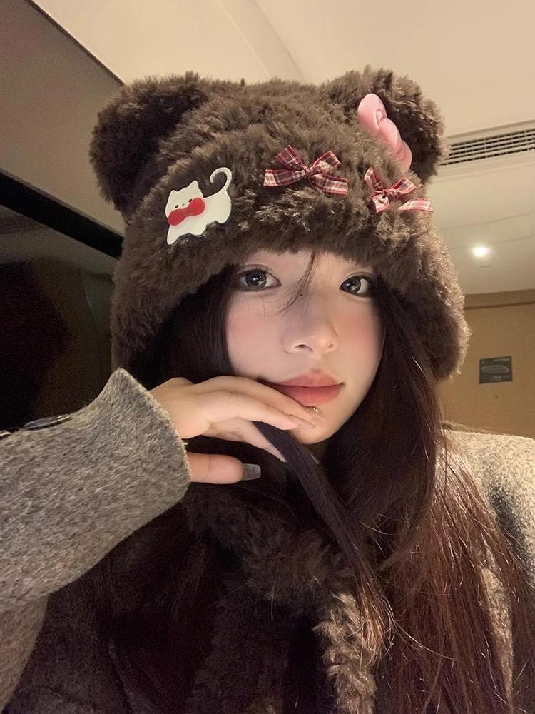Bow Accent Bear Ear Furry Beanie Product Image