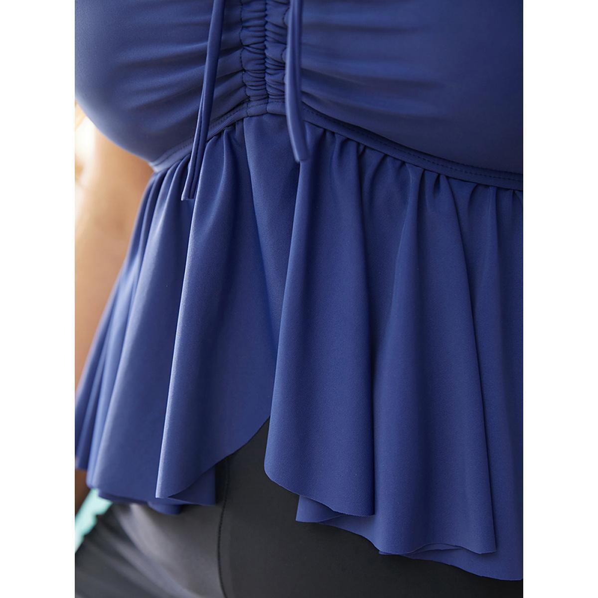 Plus Size Split Ruffle Hem Drawstring Ruched Tankini Top Women's Swimwear Indigo Vacation Adjustable Straps High stretch Bodycon Spaghetti Strap Curve Swim Tops BloomChic 30/6X Product Image