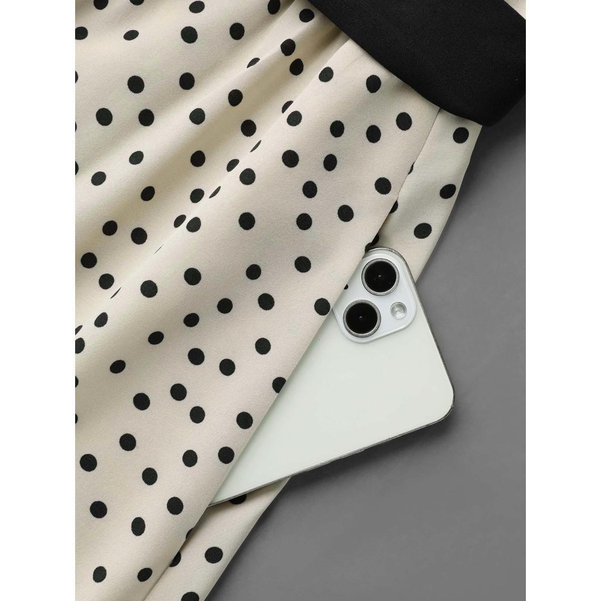 Plus Size Round Neck Polka Dot Waist-Tie Midi Dress Apricot Women Elegant Belted Round Neck Long Sleeve Curvy BloomChic 22-24/3X Product Image