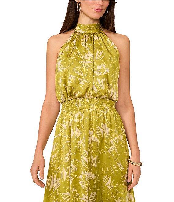 Vince Camuto Woven Floral Print Halter Sleeveless Smocked Waist Blouson Maxi Dress Product Image