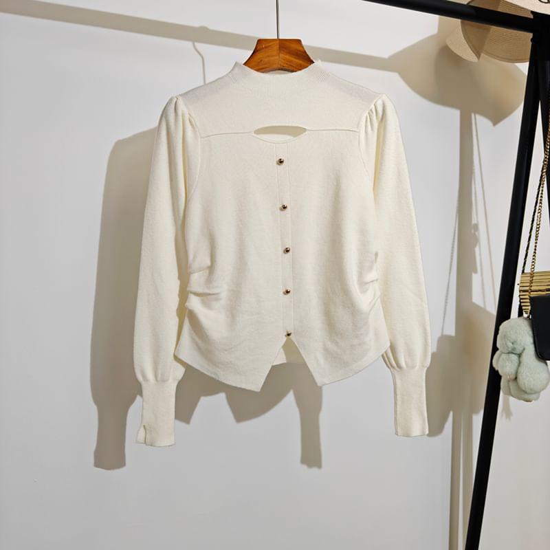 Long Sleeve Mock Neck Cut Out Button Up Knitted Top Product Image