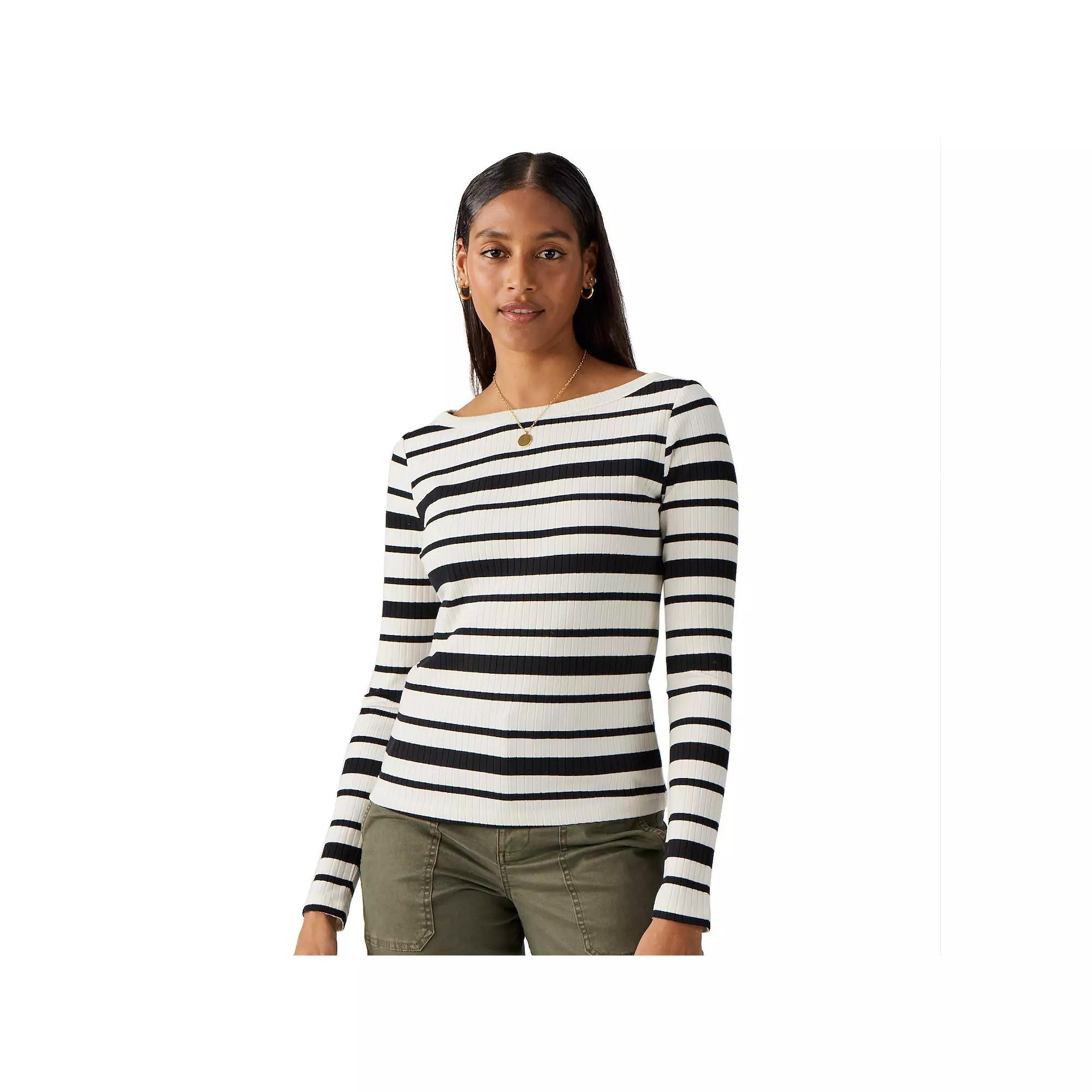 Women's Modern Supply by Sanctuary Ribbed Boatneck T-Shirt, Size: Small, Chalk Black Stripe Product Image