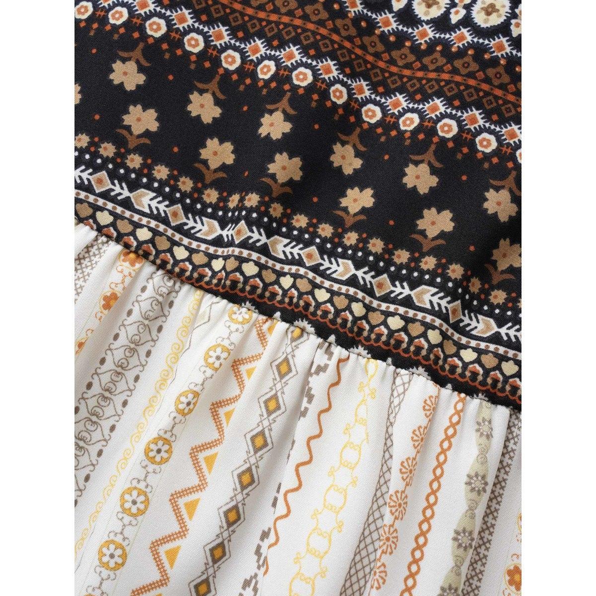 Plus Size Bandana Striped Patchwork Notched Lantern Sleeve Dress Beige Women Resort Patchwork Flat collar with V-notch Elbow-length sleeve Curvy Midi Dress BloomChic 14-16/1X Product Image