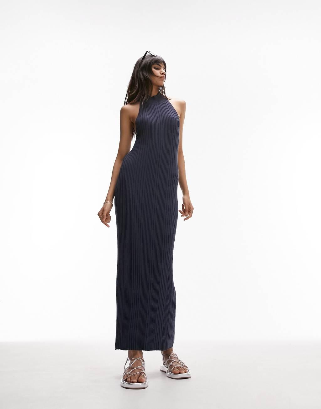 Topshop knitted halter neck ribbed midi dress Product Image
