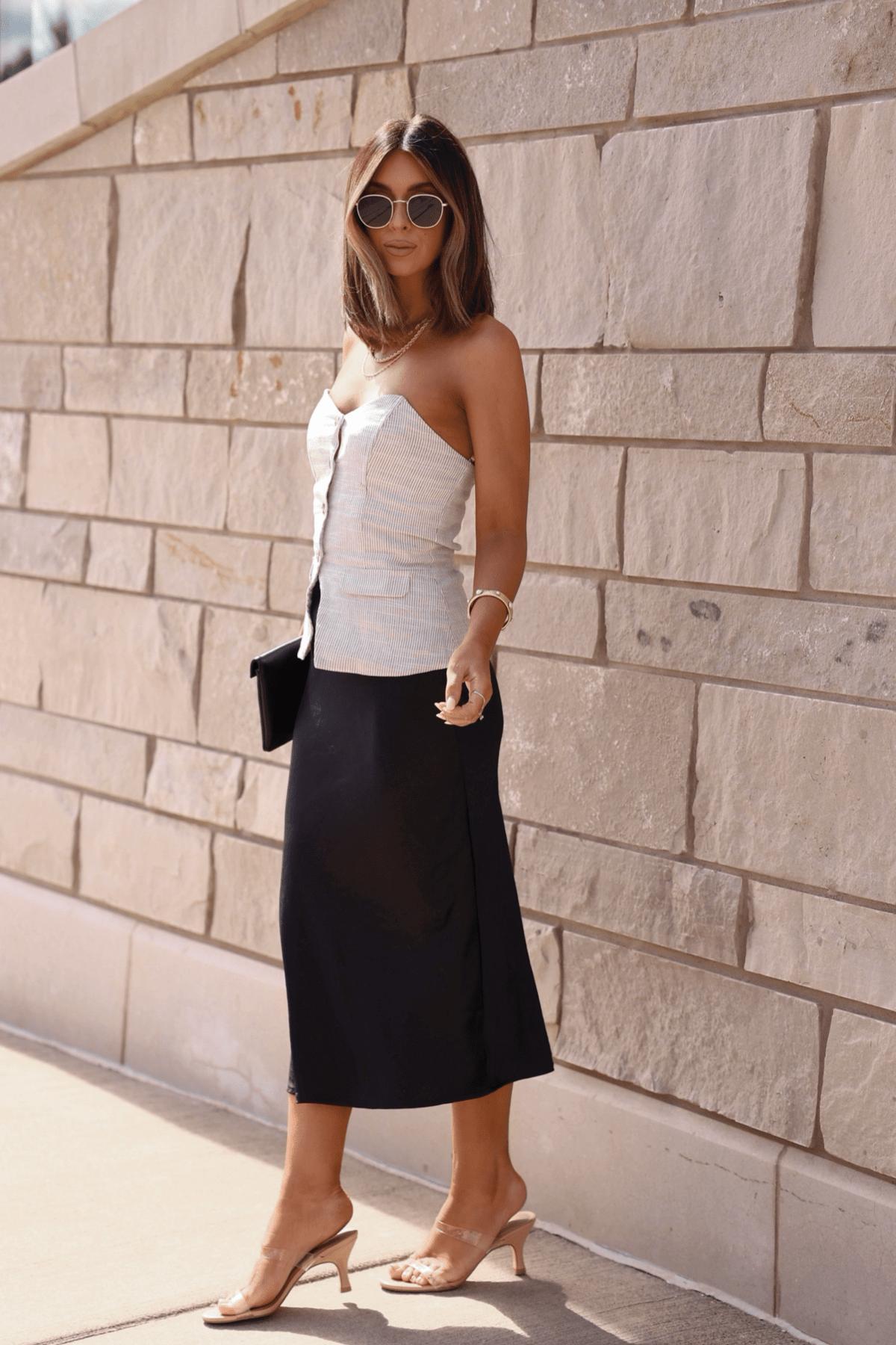 Muse By Magnolia Black Satin Midi Skirt - FINAL SALE Product Image