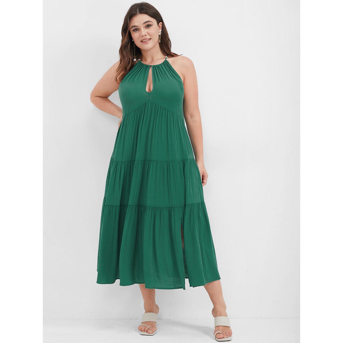 Plus Size Solid Flutter Split Keyhole Ties Halter Neck Midi Dress Green Women Elegant Halter neck Curvy Midi Dress BloomChic 10/M Product Image