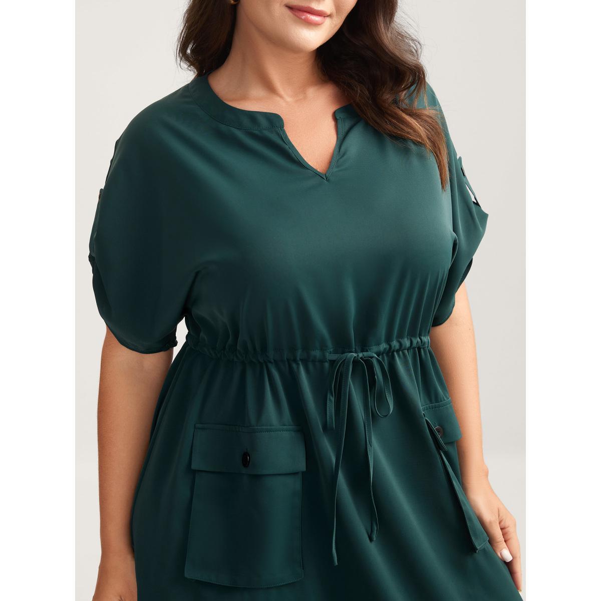 Plus Size Solid Waist Drawstring Pockets Midi Dress Cyan Women Flat collar with V-notch Half Sleeve Curvy BloomChic 14-16/1X Product Image