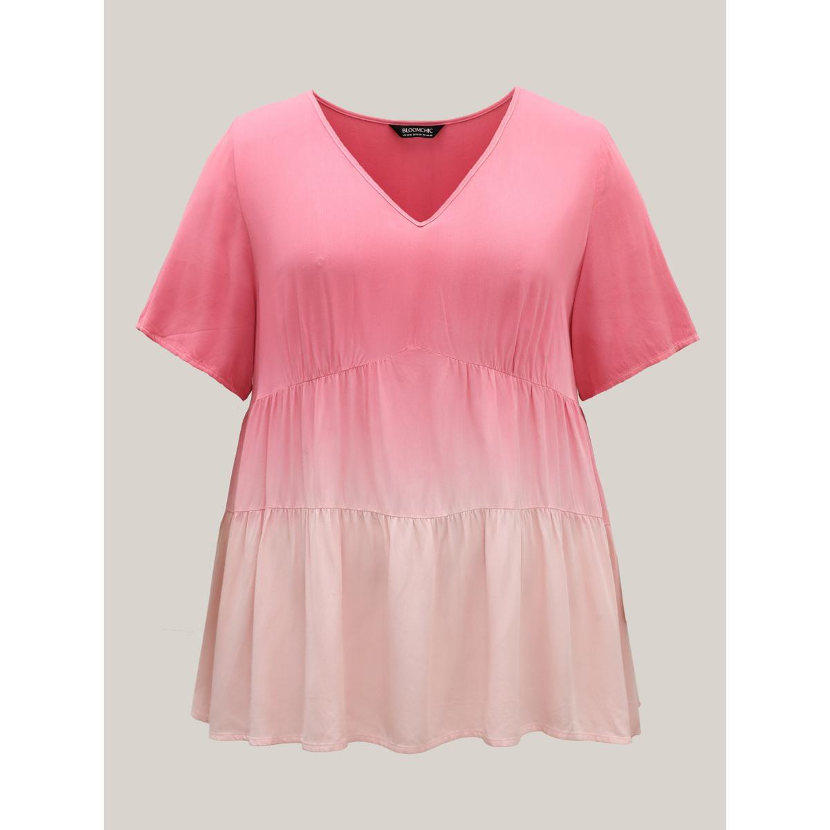 Plus Size Peach Rayon Tie-Dye V-Neck Tiered Blouse Women Short sleeve V-neck Vacation Blouses BloomChic 12/L Product Image