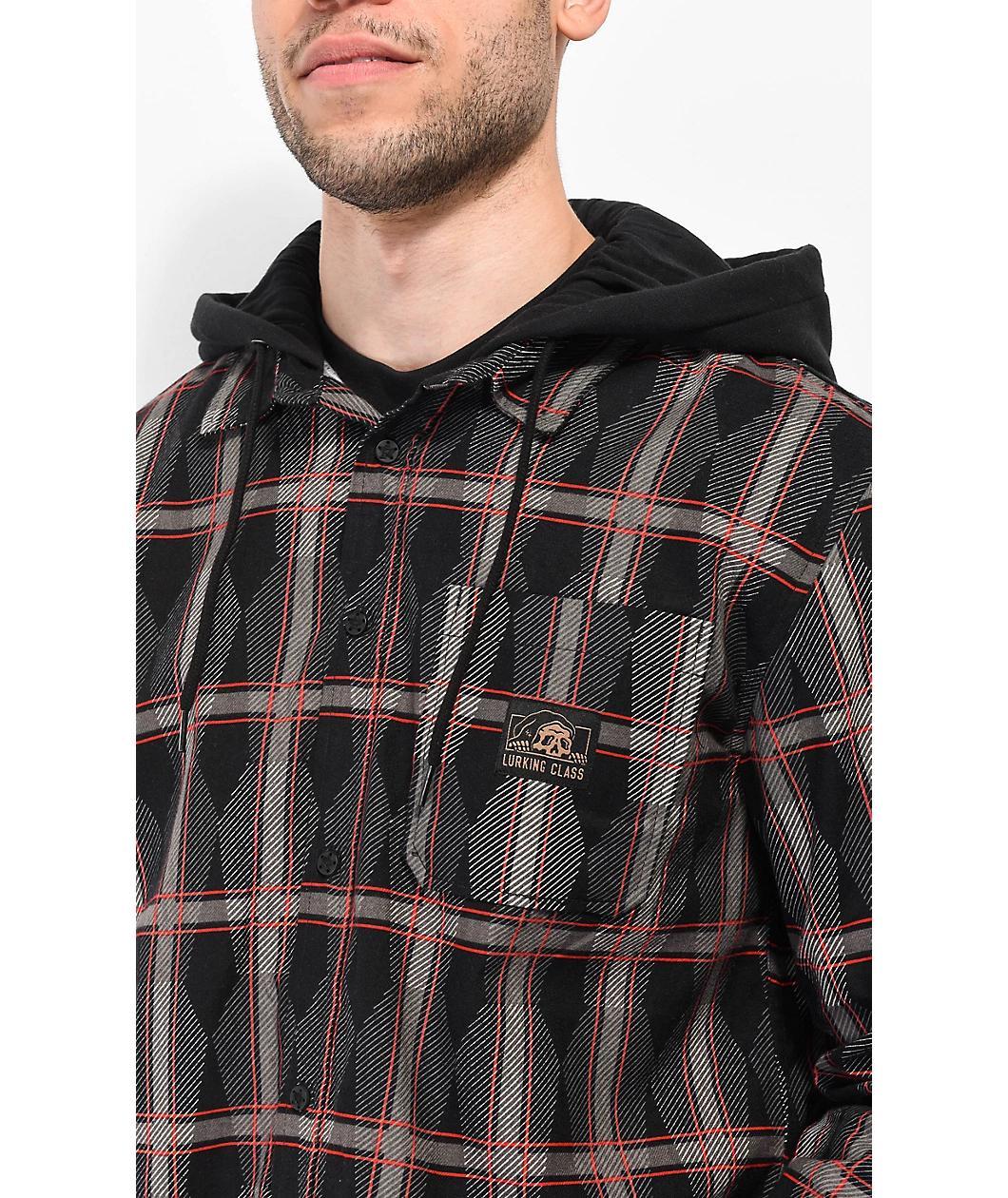 Lurking Class by Sketchy Tank Coffin Red & Black Plaid Hooded Flannel Product Image