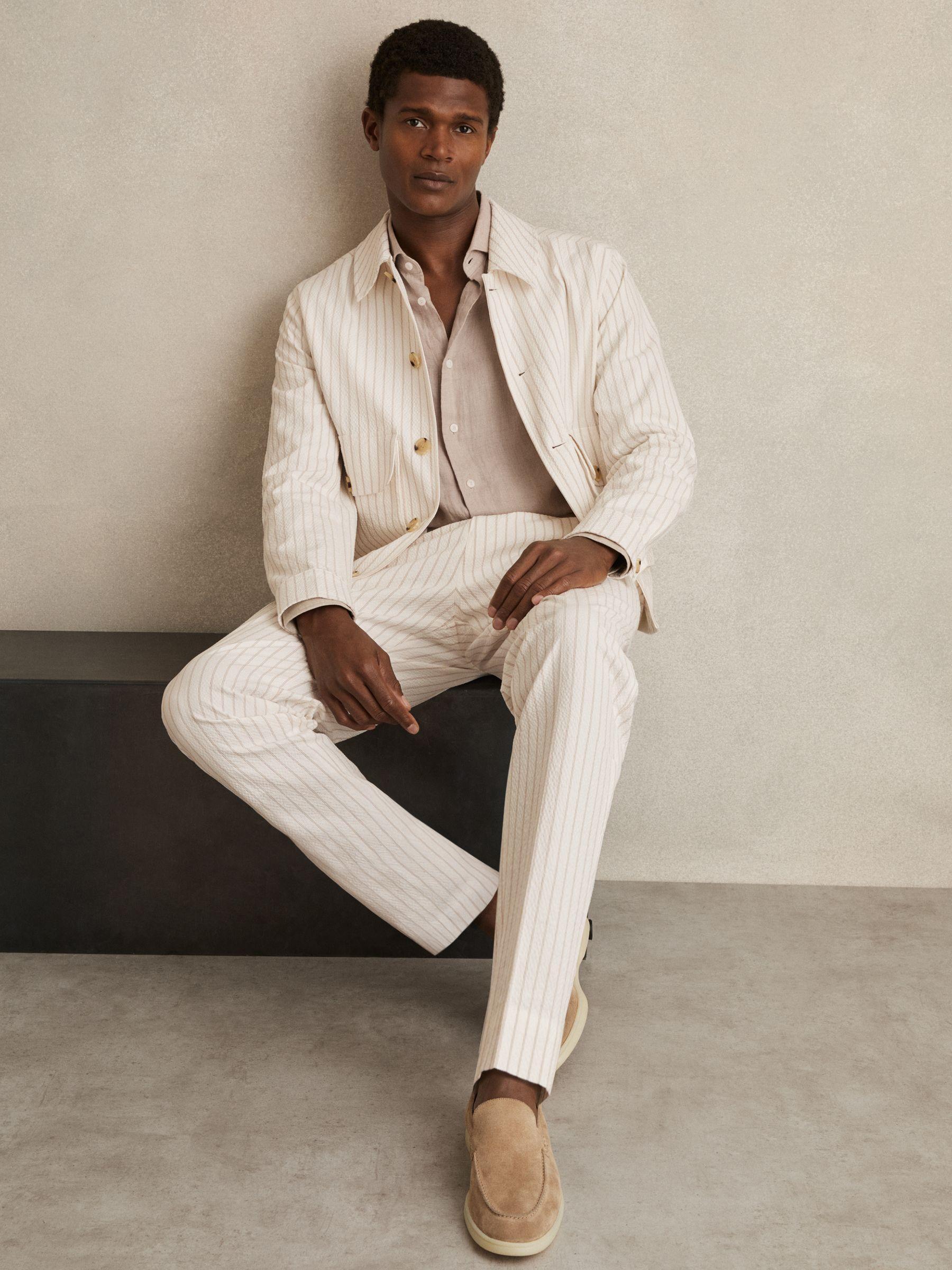 Regular-Fit Cotton-Blend Pinstripe Trousers in Off White/Taupe Brown Product Image
