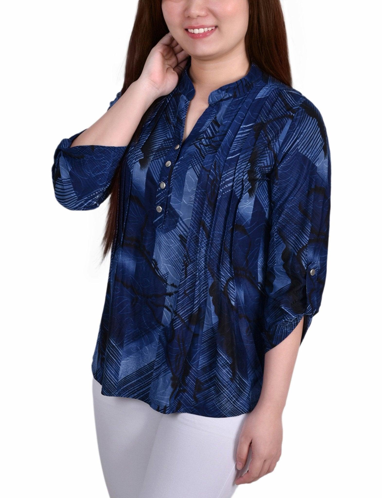 Navy Chervon 3/4 Sleeve Roll Tab Y Neck Top Product Image