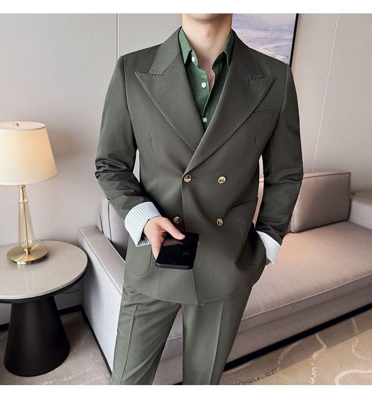 Peak Lapel Plain Double-Breasted Blazer / Mid Rise Tapered Dress Pants / Set Product Image