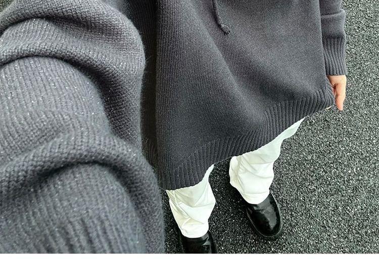 Half Buttoned Plain Knit Hoodie Product Image