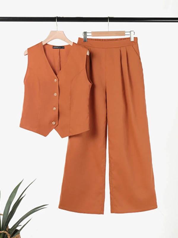 Plus Size Loose Solid Color Split-Joint V-Neck Vest + Elasticity Pants Two Pieces Set Product Image