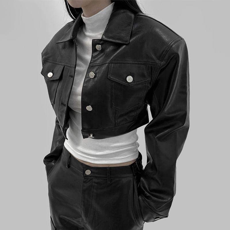 Collared Plain Button-Up Faux Leather Crop Jacket Product Image