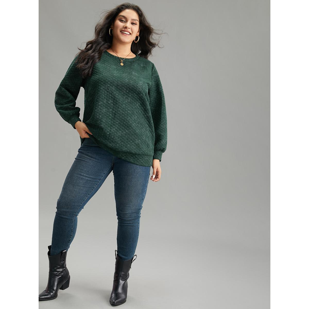 Plus Size Plain Textured Round Neck Sweatshirt Women Green Casual Texture Round Neck Dailywear Sweatshirts BloomChic 12/L Product Image