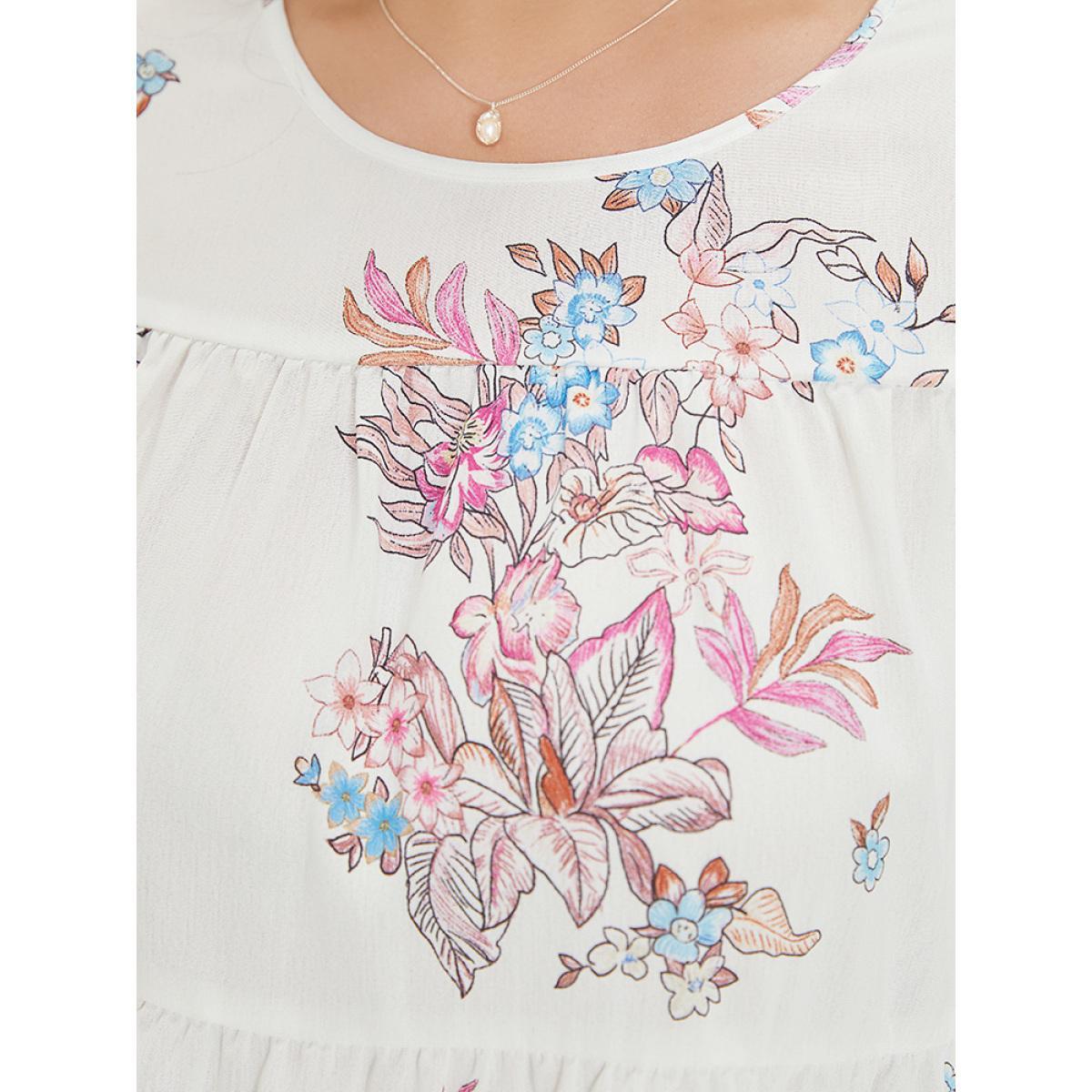 Plus Size White Floral Print Patchwork Ruffle Layered Hem Lantern Sleeve Blouse Women Elegant Half Sleeve Round Neck Dailywear Blouses BloomChic 28/5X Product Image