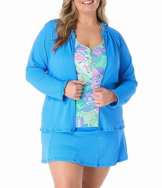 Beach House Plus Size Phoebe Solid Pique Ruffle Trim Long Sleeve Sun Guard Jacket Swim Cover-Up Product Image