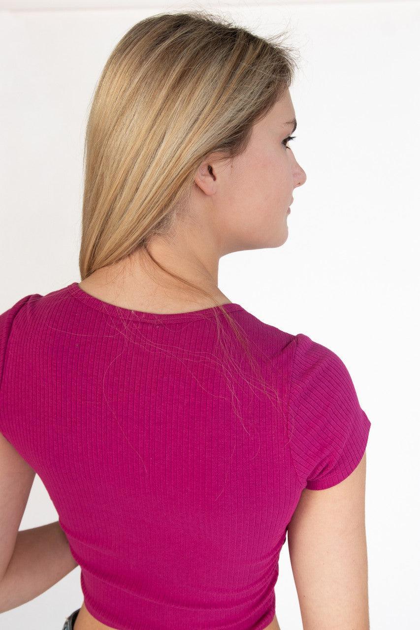 Magenta Notched Ribbed Crop Tee Product Image