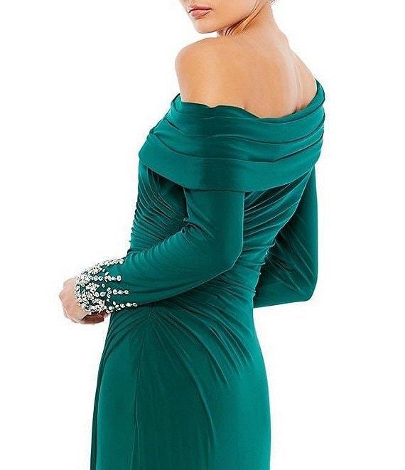 Mac Duggal Beaded Cuff Drop Shoulder Asymmetrical One Shoulder Long Sleeve Thigh High Slit Gown Product Image