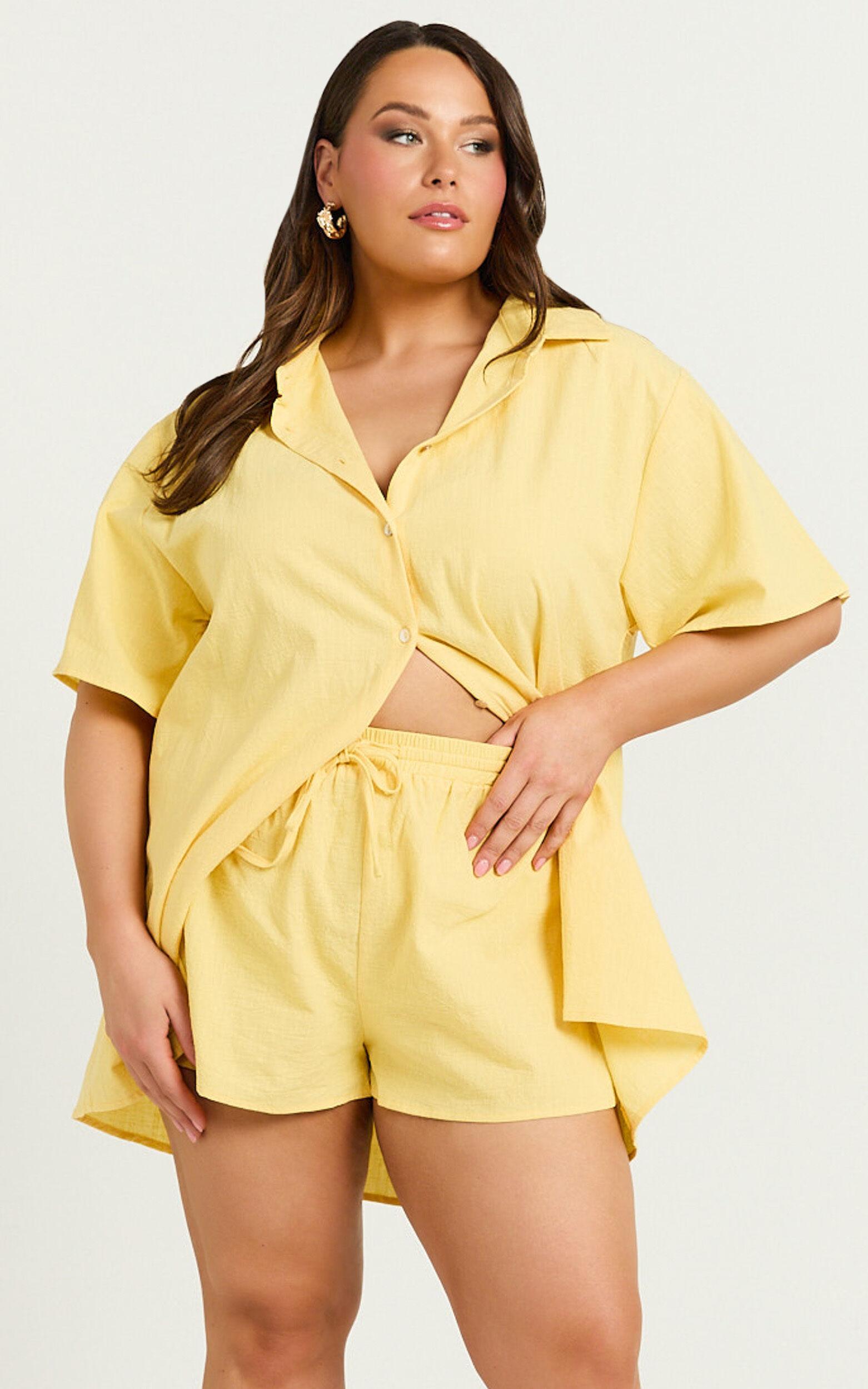 Vina Del Mar Two Piece Set - Linen Look Shirt and Shorts Set in Yellow Product Image