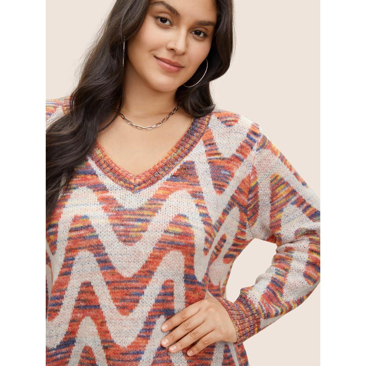 Plus Size Asymmetrical Heather Wave Elastic Cuffs Pullover Rust Women Casual Long Sleeve V-neck Everyday Pullovers BloomChic 10/M Product Image