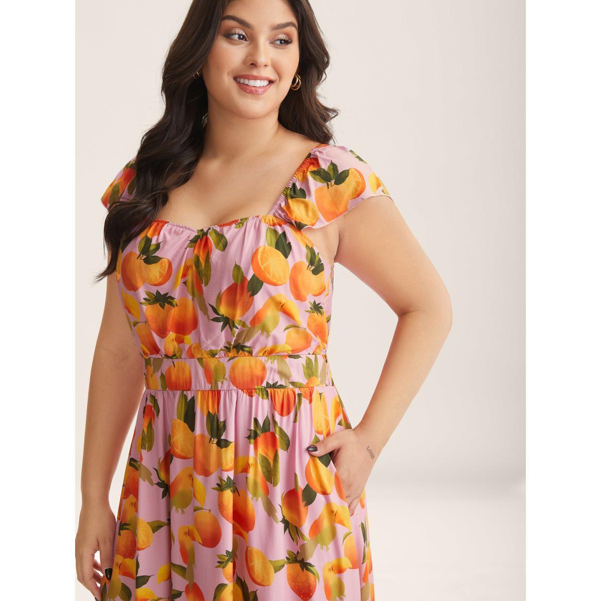Plus Size Citrus Print Pleated Sweetheart Midi Dress Brightorange Women Heart neckline Cap Sleeve Curvy BloomChic 14-16/1X Product Image